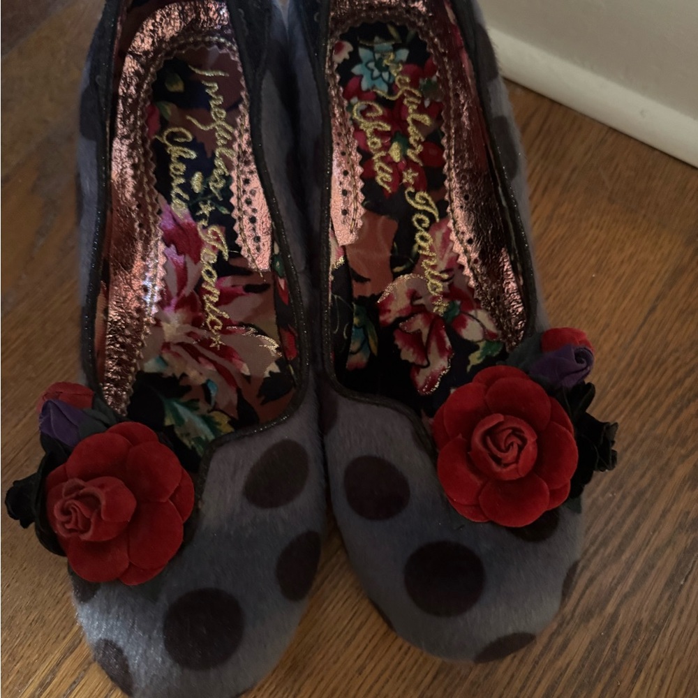Irregular Choice Gray Polka Dot Flats with Red Floral Detail